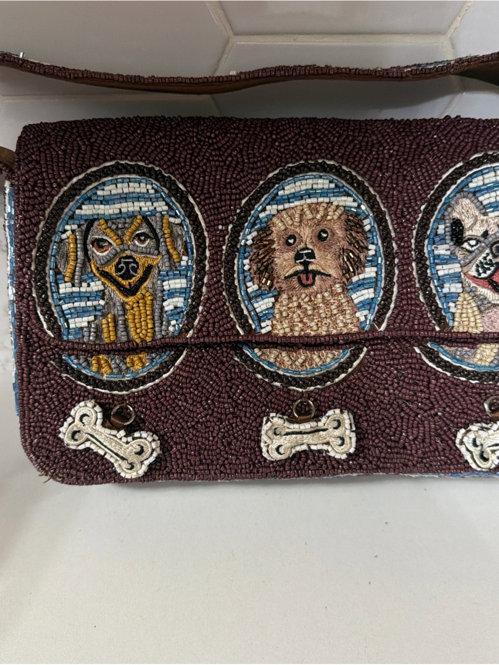 Beaded Dog Portrait Clutch Bag in Deep Brown